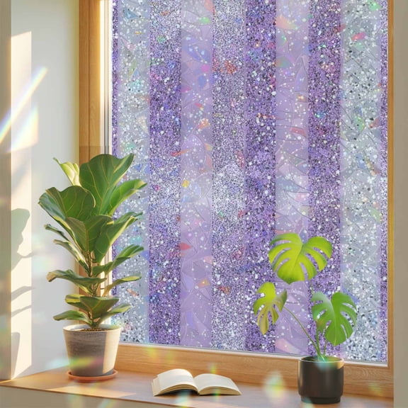 Rainbow Window Privacy Film, Purple Silvery Static Cling Window Film PVC, Geometric Ombre Stripe Boho Sparkling Dot No Glue UV Blocking Glass Covering, Removable Stained Glass Sticker 23.6''x59''