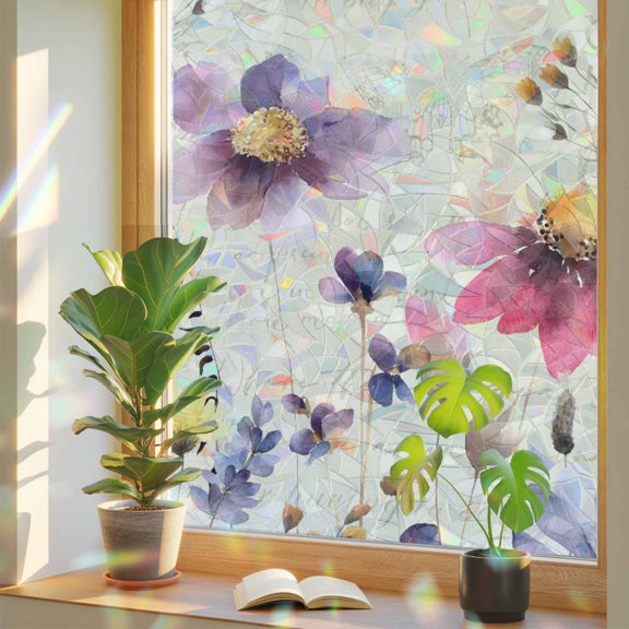 Rainbow Window Privacy Film, Purple Spring Floral Static Cling Window Film PVC, Vintage Flowers Farmhouse Watercolor No Glue UV Blocking Glass Covering, Removable Stained Glass Sticker 17.7''x39.3''