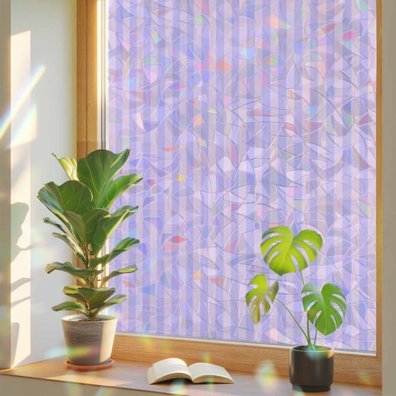 Rainbow Window Privacy Film, Purple Static Cling Decorative Window Film PVC, Geometric Vertical Striped Solid Rainbow No Glue UV Blocking Glass Covering, Removable Stained Glass Sticker 17.7''x39.3''