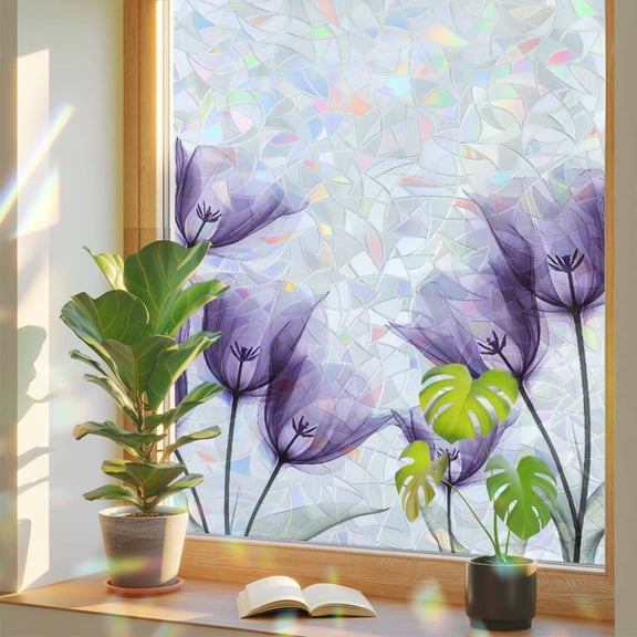 Rainbow Window Privacy Film, Purple Tulip Static Cling Window Film PVC, Spring Floral Pastoral Flower No Glue UV Blocking Glass Covering, Removable Stained Glass Sticker 17.7''x39.3''