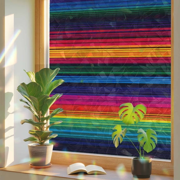 Rainbow Window Privacy Film, Rainbow Stripes Static Cling Window Film PVC, Mexico Colored Stripes Minimalist No Glue UV Blocking Glass Covering, Removable Stained Glass Sticker 29.5''x118''