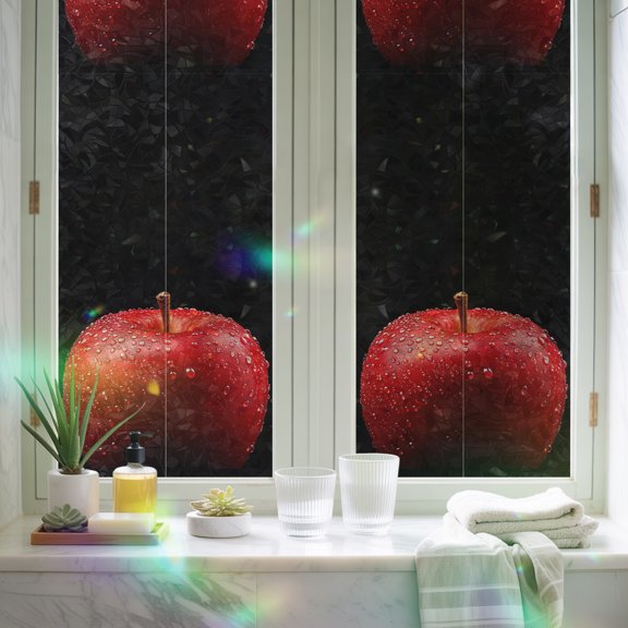 Rainbow Window Privacy Film, Red Apples on Black Non-Adhesive Static Cling Glass Sticker, Farm Fruit Water Drops Reusable Decorative Window Film for Home Bathroom Bedroom Office 19.6x39.3in
