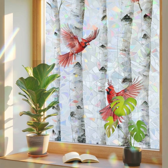 Rainbow Window Privacy Film, Red Birds Rustic Static Cling Window Film PVC, Vintage Country Forest Tree Bird No Glue UV Blocking Glass Covering, Removable Stained Glass Sticker 17.7''x39.3''