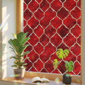 Rainbow Window Privacy Film, Red Geometric Static Cling Decorative Window Film PVC, Modern Morocco Abstract Art No Glue UV Blocking Glass Covering, Removable Stained Glass Sticker 17.7''x39.3''