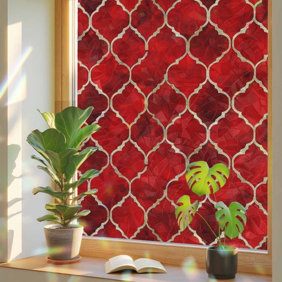 Rainbow Window Privacy Film, Red Geometric Static Cling Decorative Window Film PVC, Modern Morocco Abstract Art No Glue UV Blocking Glass Covering, Removable Stained Glass Sticker 17.7''x39.3''