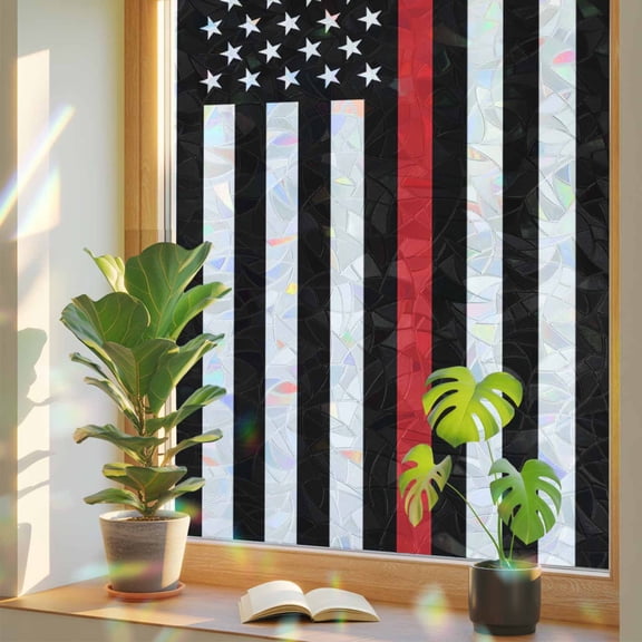 Rainbow Window Privacy Film, Red White Stripe Fireman American Flag Static Cling Window Film PVC, Fire Fighter USA Flags No Glue UV Blocking Glass Cover, Removable Stained Glass Sticker 23.6''x59''