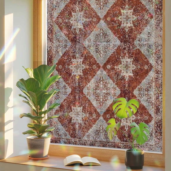 Rainbow Window Privacy Film, Retro Brown Static Cling Window Film PVC, Boho Western Modern Geometric Abstract Art No Glue UV Blocking Glass Covering, Removable Stained Glass Sticker 17.7''x39.3''
