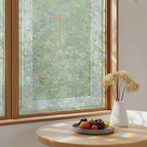 Rainbow Window Privacy Film Sage Green Greek Key Stain Glass Window Film for Glass Door Sticker Static Cling Geometric Greece Ancient Farmhouse Geo Sunroof Decal for Car Home Decor 17.7"x39.3"