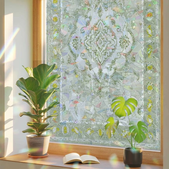 Rainbow Window Privacy Film, Sage Green Static Cling Window Film PVC, Boho Retro Abstract Floral Ethnic No Glue UV Blocking Glass Covering, Removable Stained Glass Sticker 17.7''x39.3''