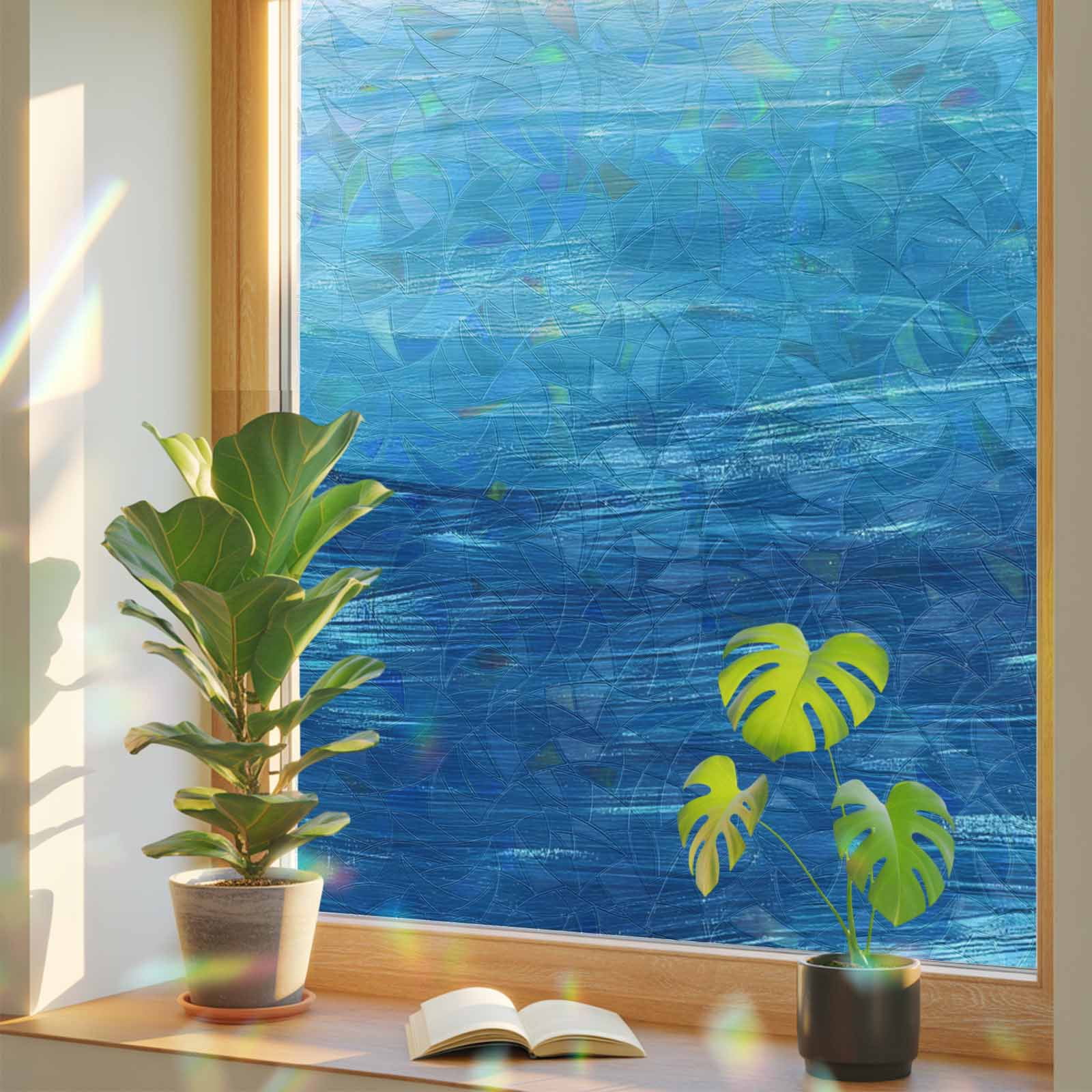 Rainbow Window Privacy Film, Sky Blue Coastal Static Cling Decorative Window Film PVC, Nautical Modern Ocean Wave No Glue UV Blocking Glass Covering, Removable Stained Glass Sticker 23.6''x59''