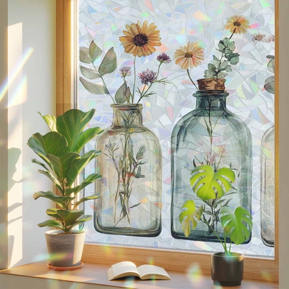 Rainbow Window Privacy Film, Spring Floral Static Cling Window Film PVC, Summer Botanical Flowers Farmhouse No Glue UV Blocking Glass Covering, Removable Stained Glass Sticker 17.7''x39.3''