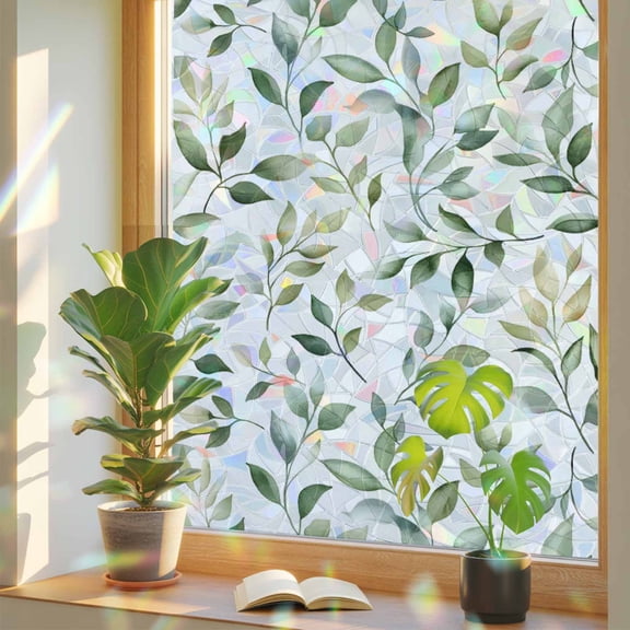 Rainbow Window Privacy Film, Spring Leaves Static Cling Window Film PVC, Sage Green Botanical Eucalyptus Vines No Glue UV Blocking Glass Covering, Removable Stained Glass Sticker 17.7''x39.3''