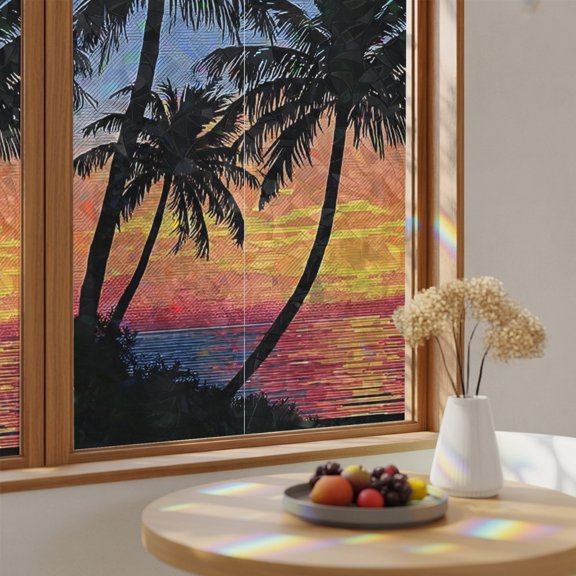 Rainbow Window Privacy Film Summer Palm Tree Stain Glass Window Film for Glass Door Sticker Static Cling Boho Tropical Beach Orange Blue Sunset Sunroof Decal for Car Home Decor 19.6"x39.3"