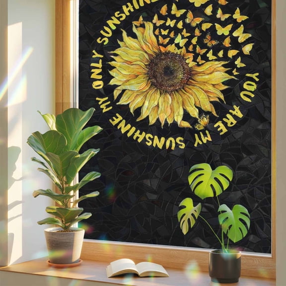 Rainbow Window Privacy Film, Sunflowers Static Cling Window Film PVC, Yellow Butterfly Farmhouse You Are My Sunshine No Glue UV Blocking Glass Covering, Removable Stained Glass Sticker 23.6''x59''