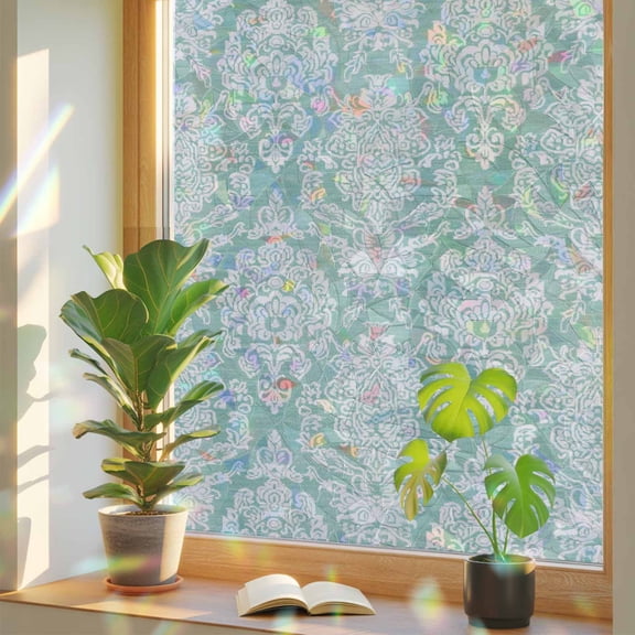 Rainbow Window Privacy Film, Teal Boho Static Cling Window Film PVC, Vintage Mexican Ethnic Floral Southwestern No Glue UV Blocking Glass Covering, Removable Stained Glass Sticker 23.6''x59''