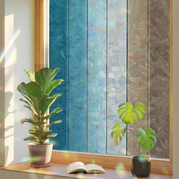 Rainbow Window Privacy Film, Teal Brown Ombre Static Cling Decorative Window Film PVC, Vintage Country Wooden No Glue UV Blocking Glass Covering, Removable Stained Glass Sticker 17.7''x39.3''