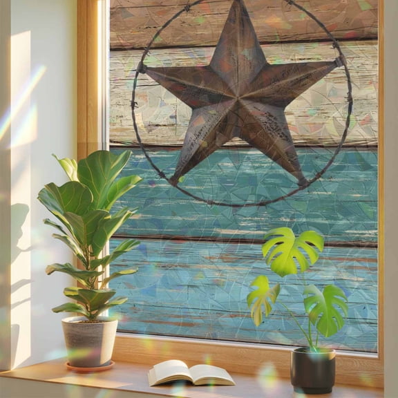 Rainbow Window Privacy Film, Teal Brown Static Cling Window Film PVC, Country Texas Star Farmhouse Barn Door Wood No Glue UV Blocking Glass Covering, Removable Stained Glass Sticker 19.6''x39.3''