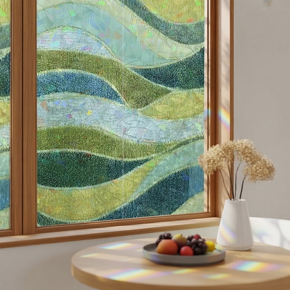 Rainbow Window Privacy Film Teal Green Ombre Stain Glass Window Film for Glass Door Sticker Static Cling Heat Blocking Modern Abstract Moire Wave Striped Sunroof Decal for Car Home Decor 17.7"x39.3"