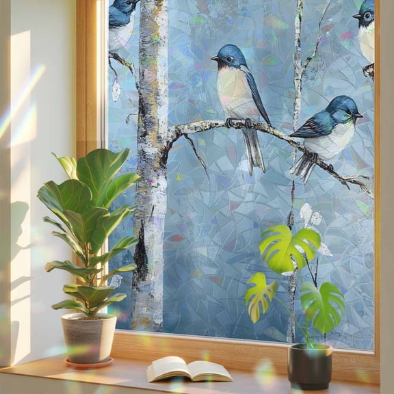 Rainbow Window Privacy Film, Teal Vintage Branches Static Cling Decorative Window Film PVC, Vintage Birds Farmhouse No Glue UV Blocking Glass Covering, Removable Stained Glass Sticker 29.5''x78.7''
