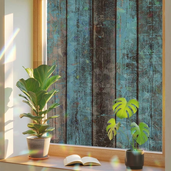 Rainbow Window Privacy Film, Teal Wood Grain Static Cling Window Film PVC, Gradient Farm Old Wooden Board Vintage No Glue UV Blocking Glass Covering, Removable Stained Glass Sticker 23.6''x59''
