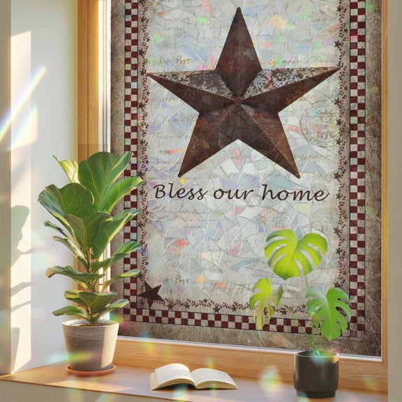 Rainbow Window Privacy Film, Texas Star Vintage Static Cling Window Film PVC, Bless Our Home Western Stars Country No Glue UV Blocking Glass Covering, Removable Stained Glass Sticker 17.7''x39.3''