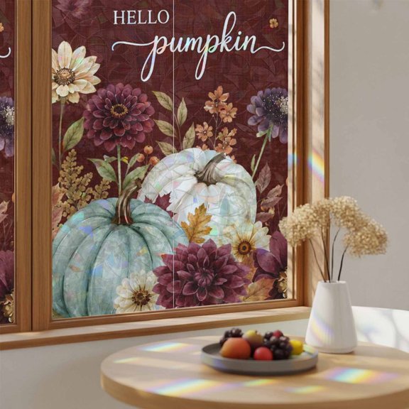 Rainbow Window Privacy Film Thanksgiving Fall Stain Glass Window Film for Glass Door Sticker Static Cling Heat Blocking Brown Farmhouse Pumpkin Flowers Leaves Sunroof Decal for Car Home 23.6"x78.7"