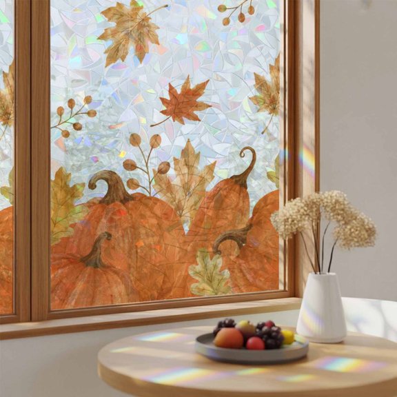 Rainbow Window Privacy Film Thanksgiving Fall Stain Glass Window Film for Glass Door Sticker Static Cling Heat Blocking Orange Pumpkin Berry Falling Maple Leaf Sunroof Decal for Car Home 35.4"x78.7"