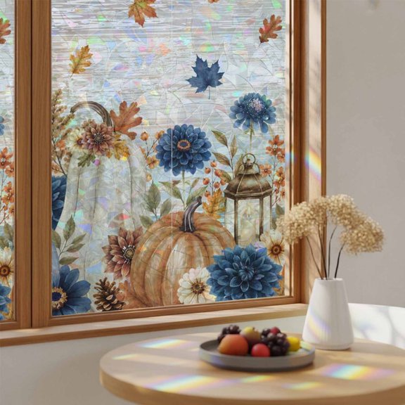 Rainbow Window Privacy Film Thanksgiving Stain Glass Window Film for Glass Door Sticker Static Cling Heat Blocking Fall Pumpkin Floral Branches Wood Plank Sunroof Decal for Car Home 23.6"x78.7"