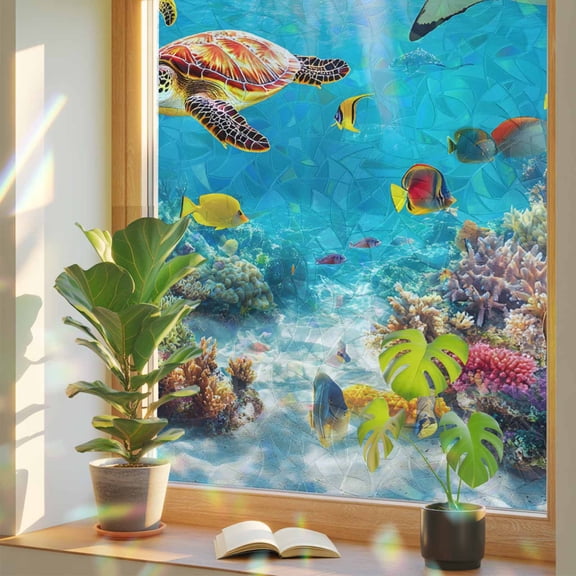 Rainbow Window Privacy Film, Turtle Static Cling Decorative Window Film PVC, Shark Ocean Coral Underwater Scenery Sea No Glue UV Blocking Glass Covering, Removable Stained Glass Sticker 17.7''x39.3''
