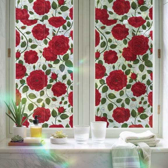 Rainbow Window Privacy Film, Valentine's Day Red Romantic Rose Leaves Non-Adhesive Static Cling Glass Sticker, Country Flower on White Reusable Decorative Window Film for Home Bedroom 17.7x39.3in