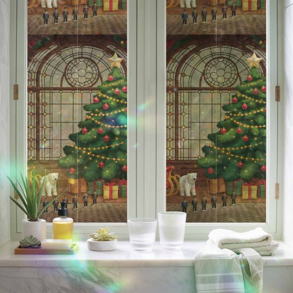 Rainbow Window Privacy Film, Vintage Ambiance Old Window Xmas Tree Non-Adhesive Static Cling Glass Sticker, Brown Green Reusable Decorative Window Film for Home Bathroom Bedroom Office 17.7x78.7in
