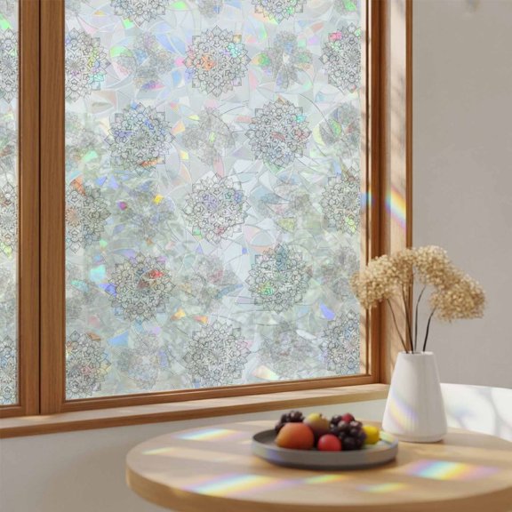 Rainbow Window Privacy Film Vintage Bohemia Stain Glass Window Film for Glass Door Sticker Static Cling Heat Blocking Gray Flowers Boho Pattern Cream Sunroof Decal for Car Home Decor 17.7"x39.3"