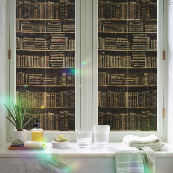 Rainbow Window Privacy Film, Vintage Bookshelf Non-Adhesive Static Cling Glass Sticker, Library Book Retro Art Reusable Decorative Window Film for Home Bathroom Bedroom Office 17.7x39.3in