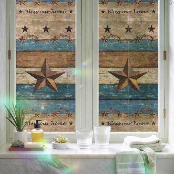 Rainbow Window Privacy Film, Vintage Country Star Berry Static Cling Glass Sticker, Rustic Shabby Blue Brown Wood Plank Reusable Decorative Window Film for Home Bathroom Bedroom Office 17.7x39.3in