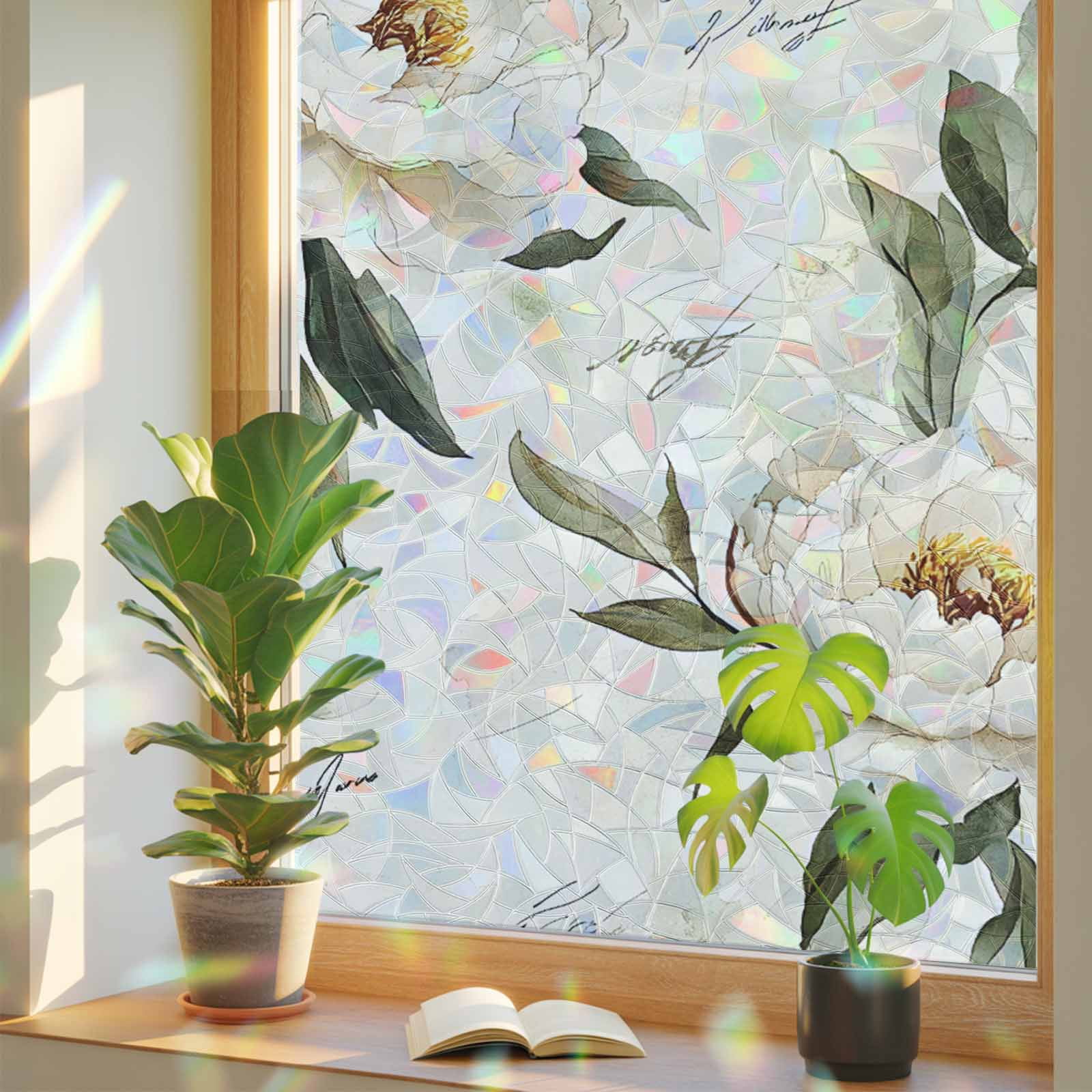 Rainbow Window Privacy Film, Vintage Floral Spring Static Cling Window Film PVC, Farmhouse Botanical White Flowers No Glue UV Blocking Glass Covering, Removable Stained Glass Sticker 23.6''x59''