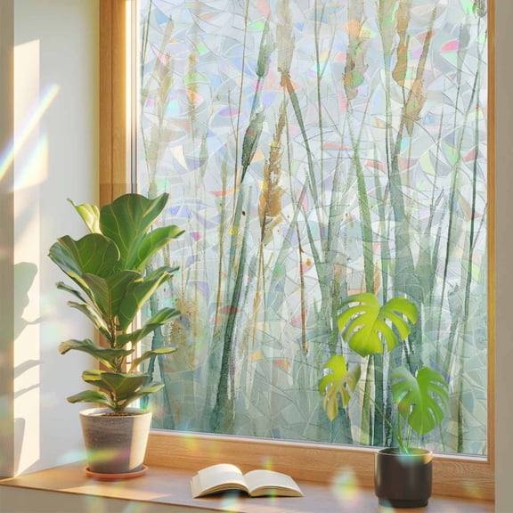 Rainbow Window Privacy Film, Vintage Green Leaf Static Cling Window Film PVC, Spring Country Watercolor Plant No Glue UV Blocking Glass Covering, Removable Stained Glass Sticker 17.7''x39.3''