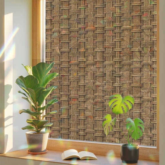 Rainbow Window Privacy Film, Vintage Rattan Static Cling Window Film PVC, Minimalist Abstract Wicker Texture Brown No Glue UV Blocking Glass Covering, Removable Stained Glass Sticker 17.7''x39.3''