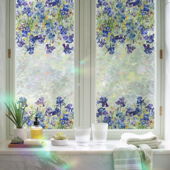 Rainbow Window Privacy Film, Watercolor Garden Spring Flower Iris Non-Adhesive Static Cling Glass Sticker, Blossom Floral on White Reusable Decorative Window Film for Home Bedroom 19.6x39.3in
