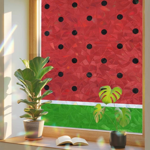 Rainbow Window Privacy Film, Watermelon Static Cling Decorative Window Film PVC, Black Polka Dots Green Summer Fruits No Glue UV Blocking Glass Covering, Removable Stained Glass Sticker 17.7''x39.3''