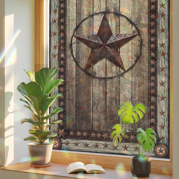 Rainbow Window Privacy Film, Western Farmhouse Static Cling Window Film PVC, Primitive Rustic Country Retro Texas Star No Glue UV Blocking Glass Covering, Removable Stained Glass Sticker 23.6''x59''