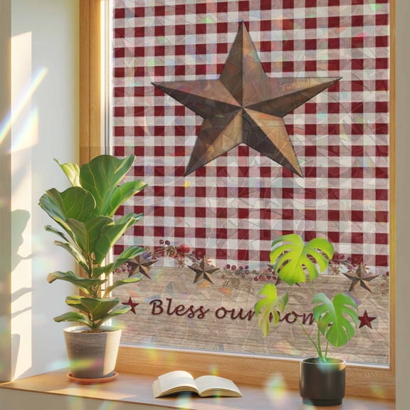 Rainbow Window Privacy Film, Western Texas Star Vintage Static Cling Window Film PVC, Rustic Wreath Wood Red Plaid No Glue UV Blocking Glass Covering, Removable Stained Glass Sticker 23.6''x59''