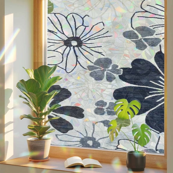 Rainbow Window Privacy Film, White Black Flowers Static Cling Decorative Window Film PVC, Vintage Floral Beige Burlap No Glue UV Blocking Glass Covering, Removable Stained Glass Sticker 17.7''x39.3''
