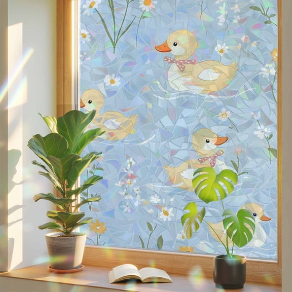 Rainbow Window Privacy Film, White Daisy Static Cling Decorative Window Film PVC, Spring Floral Duck Greenery Blue No Glue UV Blocking Glass Covering, Removable Stained Glass Sticker 17.7''x39.3''