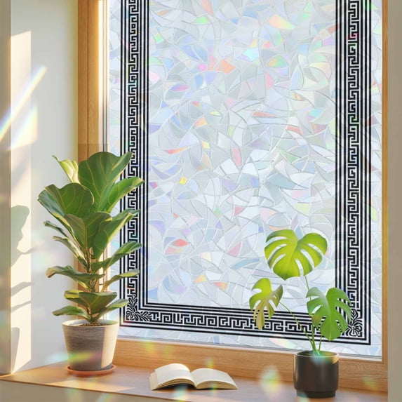 Rainbow Window Privacy Film, White Greek Key Static Cling Window Film ...