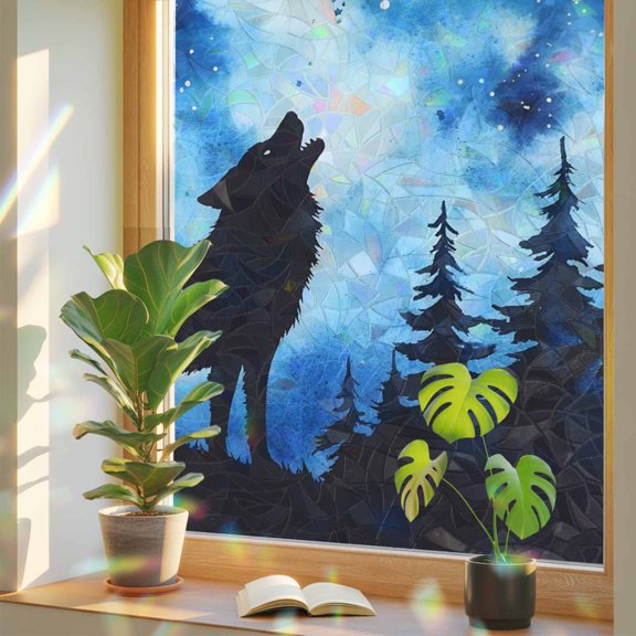 Rainbow Window Privacy Film, Wolf Black Silhouette Static Cling Decorative Window Film PVC, Forest Starry Night No Glue UV Blocking Glass Covering, Removable Stained Glass Sticker 17.7''x39.3''