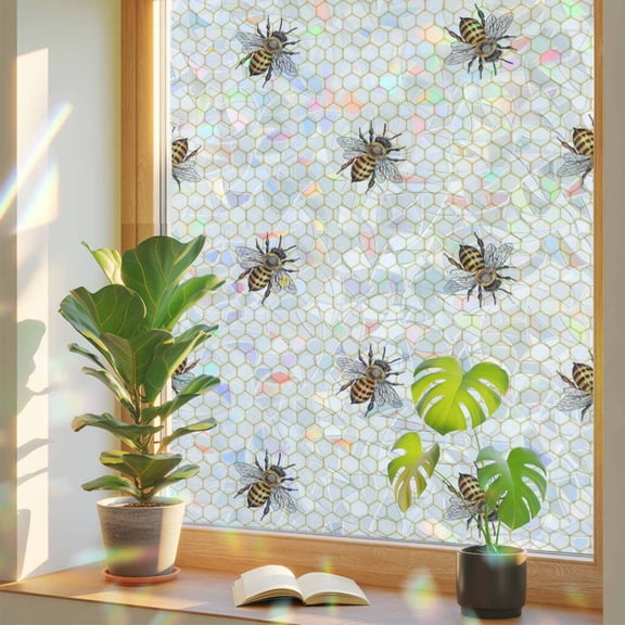 Rainbow Window Privacy Film, Yellow Bees Static Cling Window Film PVC, Honeybee Geometric Hive Simple Pastoral No Glue UV Blocking Glass Covering, Removable Stained Glass Sticker 17.7''x39.3''