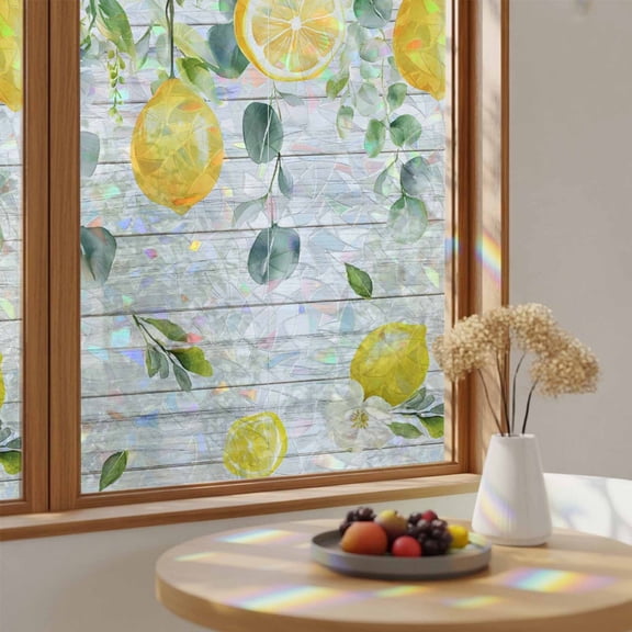 Rainbow Window Privacy Film Yellow Lemon Stain Glass Window Film for Glass Door Sticker Static Cling Heat Blocking Green Eucalyptus Wood Grain Farmhouse Sunroof Decal for Car Home Decor 23.6"x59"