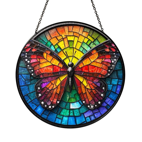 Rainbow Wing Butterfly Suncatcher Window Hanging, Vibrant Stained Glass Style Symbolic Decor, Gift Idea