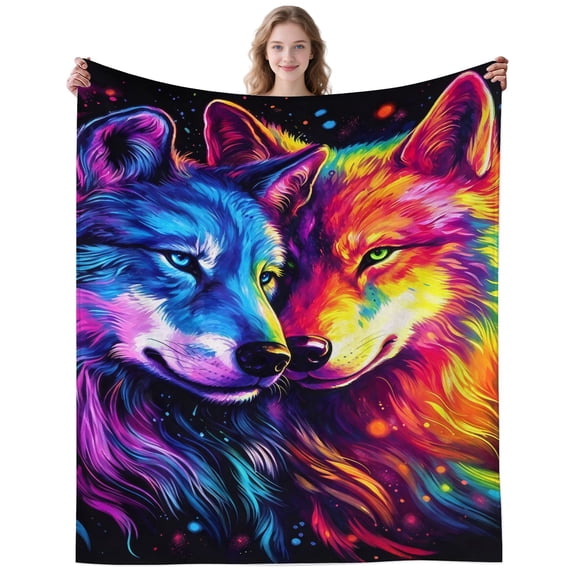 Rainbow Wolf Blanket Gifts for Women Men Adults Wolf Lovers Cozy Plush Colorful Wolves Throw Blankets for Bedding Travel Decor Birthday Gifts 50×40 Inch