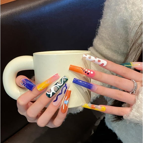 Rainbow Wonderland Long Lasting Press On Nails Long French Tip Colorful Oil Paint Art Unique Quirky Patterns